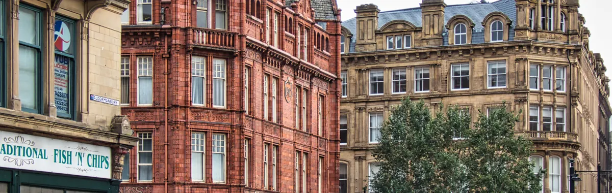 View of historic architecture in Bradford, England, showcasing classic European urban design.
