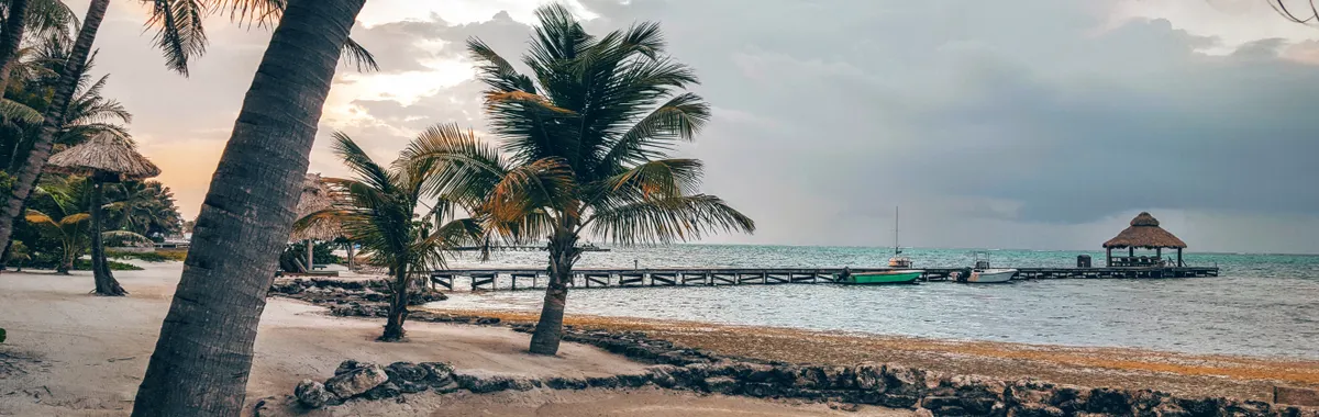 בליז: Scenic tropical beach with palm trees and a wooden pier in San Pedro, Belize at sunset.