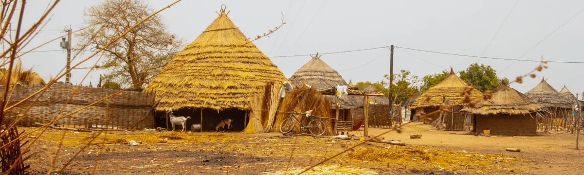 סנגל: Explore traditional nipa huts in a rural Senegal village, showcasing a serene countryside setting.
