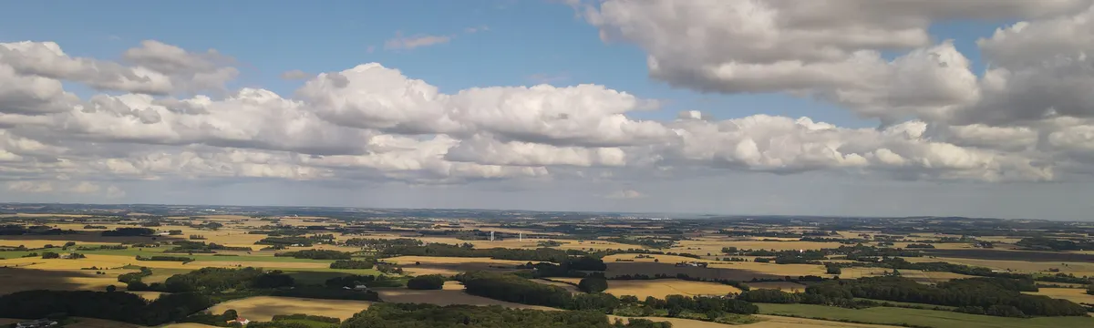 דנמרק: Aerial view of lush farmland in Rask Mølle, Denmark, with a vibrant sky and rolling fields.
