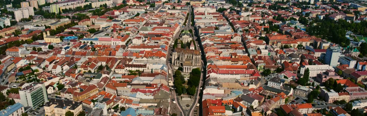 Aerial view of Košice, Slovakia showcasing vibrant cityscape and iconic architecture.