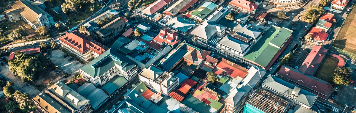 A stunning aerial shot capturing the vibrant rooftops and architecture of Victoria, Seychelles.