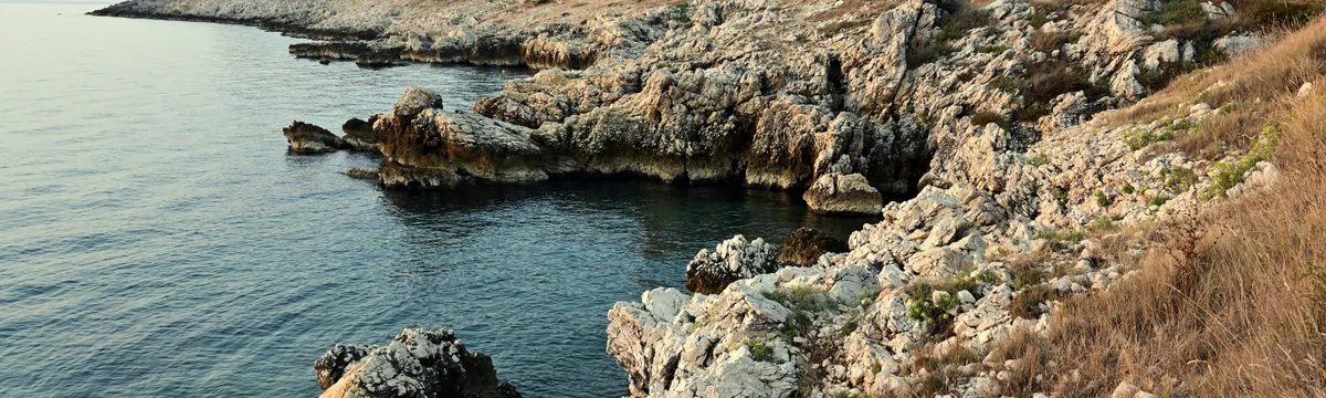 קרואטיה: Stunning rocky shoreline at Duga Luka, Croatia, showcasing natural beauty and tranquility.