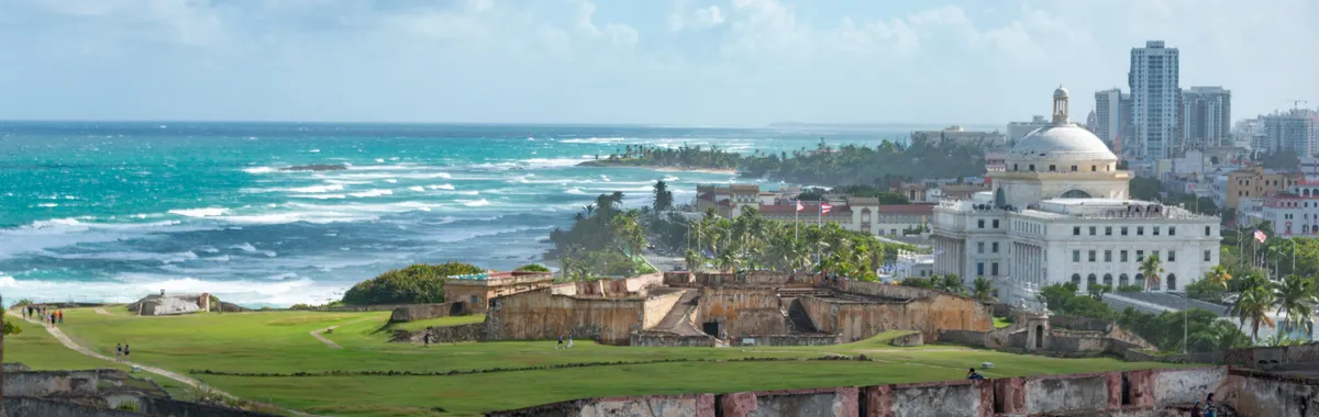 Explore the beautiful coastline and historic El Morro fortress in Old San Juan, Puerto Rico, with city and ocean views.