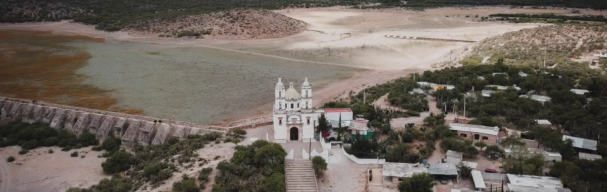 Aerial view of a church and rural landscape in Bocas, San Luis Potosí, Mexico.