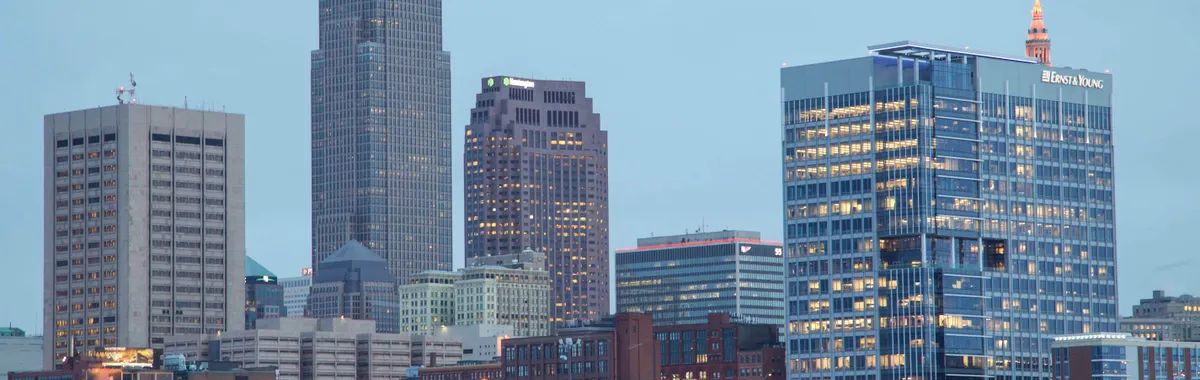 Captivating view of Cleveland's downtown skyline showcasing modern architecture and illuminated buildings.