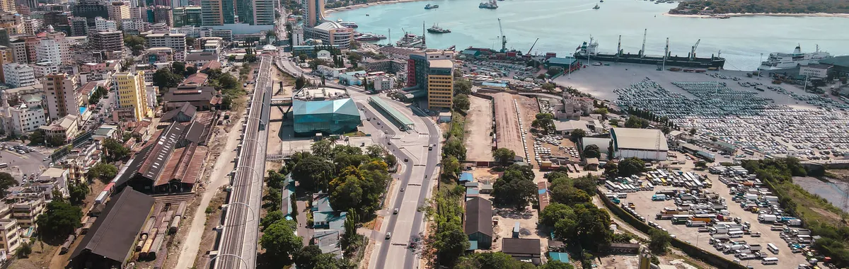 A stunning aerial view of Dar es Salaam showcasing its bustling harbor and urban skyline.
