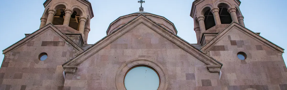 A stunning view of a historic church facade in Gyumri, Armenia, showcasing its unique architectural style.