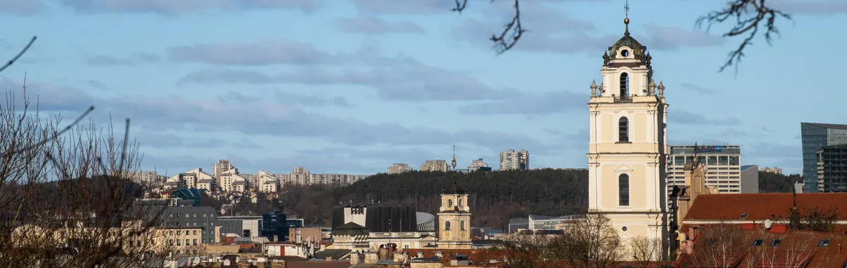 A beautiful view of Vilnius city featuring historic architecture and a prominent church tower under a clear sky.