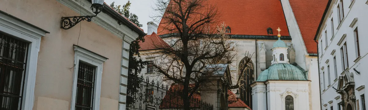 סן מרטן: Historic street view featuring St. Martin's Cathedral in Bratislava, showcasing Gothic architecture.