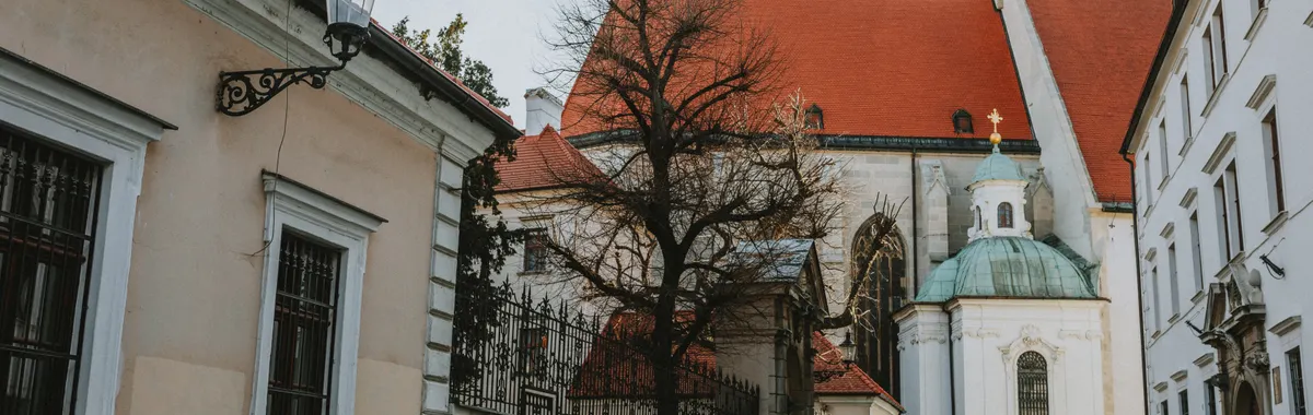 סן מרטן: Historic street view featuring St. Martin's Cathedral in Bratislava, showcasing Gothic architecture.