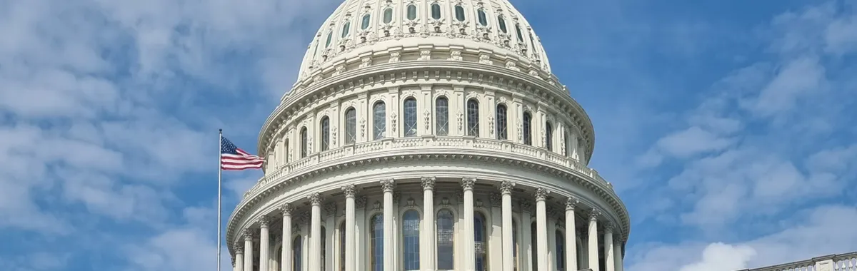 ארצות הברית: A striking view of the US Capitol dome with flag and blue sky in Washington, DC.