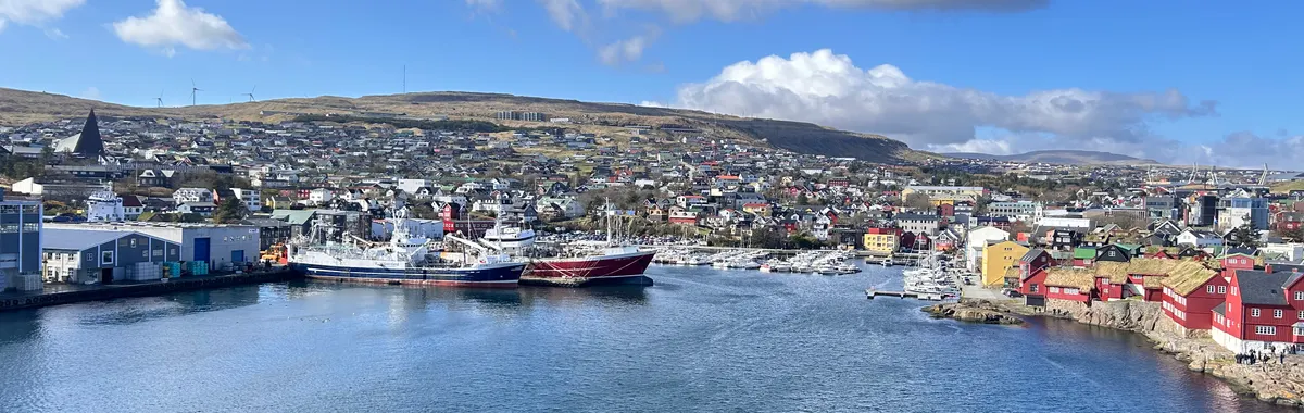 Scenic view of Tórshavn harbor and cityscape with ships on a clear day.