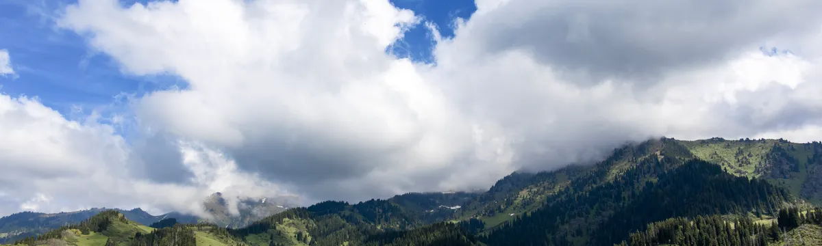 קזחסטן: Breathtaking aerial view of lush green mountains under a bright blue sky in Almaty, Kazakhstan.