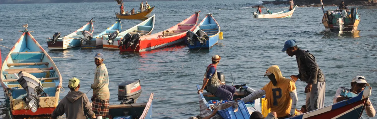 A vibrant scene of fishermen and boats at the coast of Aden, Yemen.