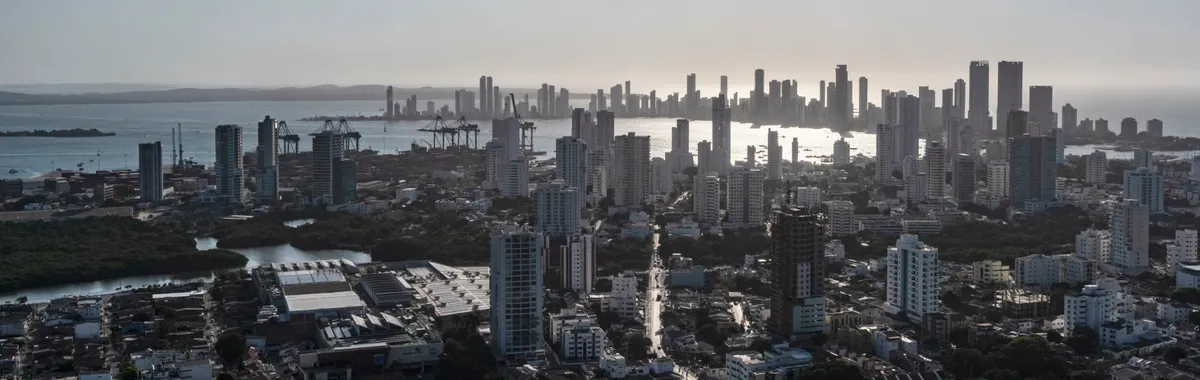 A breathtaking view of Cartagena's skyline with dense modern skyscrapers and vibrant cityscape.