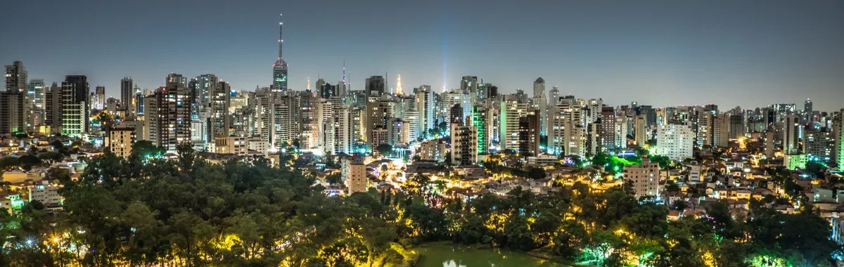 Night view of São Paulo's illuminated skyline with a park and lake in the foreground.