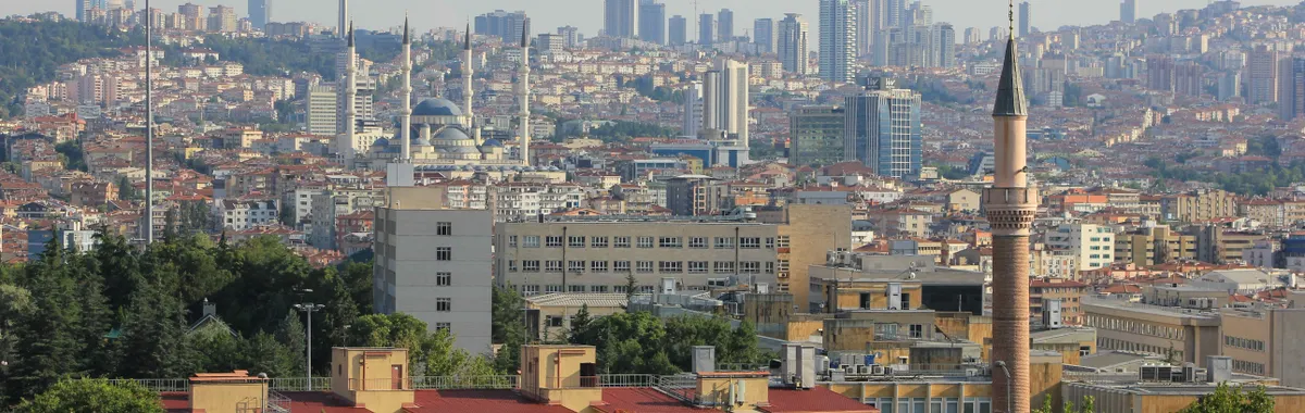 A stunning panoramic view of Ankara skyline with Kocatepe Mosque and Atakule Tower.