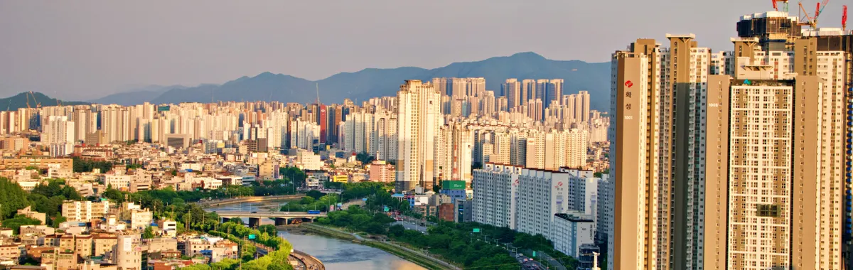 Explore the vibrant skyline of Daegu as seen from above, highlighting its modern architecture.