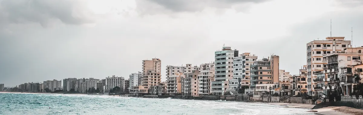 Dramatic view of abandoned buildings along the seashore in Famagusta, Cyprus.