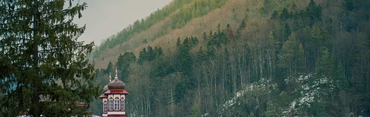 רומניה: Traditional Romanian building nestled amidst lush forested hills in Romania.