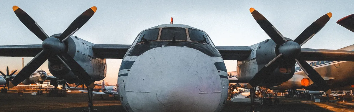 Front view of a vintage aircraft with propellers on display in Ulyanovsk, Russia.