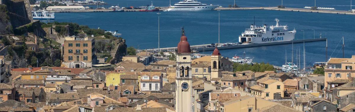 Beautiful aerial view of Corfu Town with historic architecture and harbor in Greece.