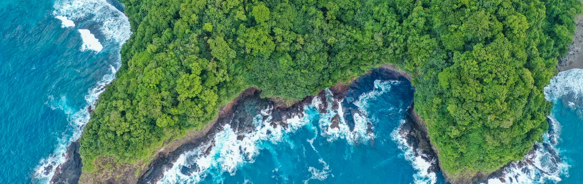 סמואה האמריקנית: Discover the vibrant coastline of American Samoa with lush forests and turquoise waters in this stunning aerial view.