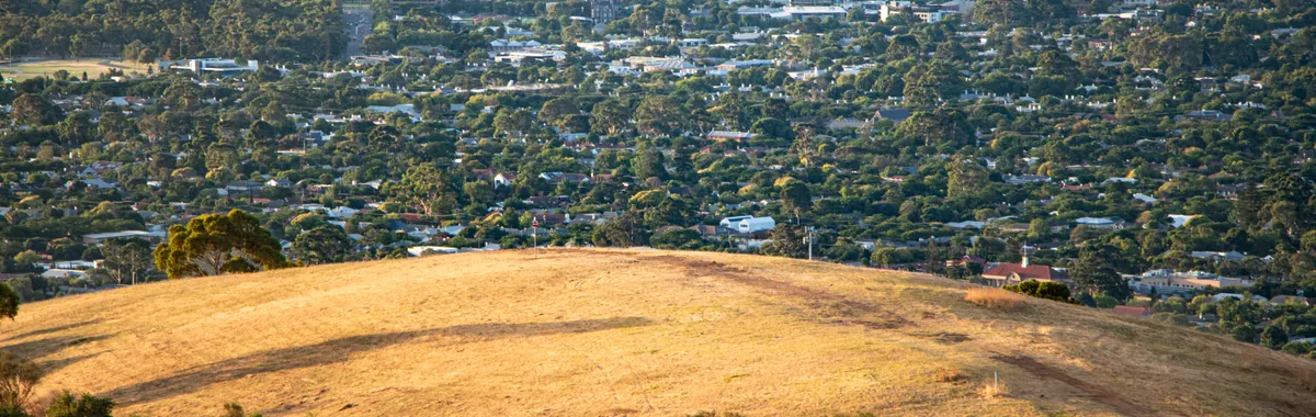 Hilltop view of Adelaide city skyline with lush trees and rolling hills in South Australia.
