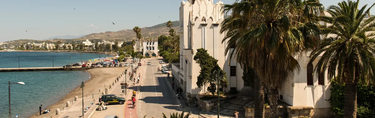 Charming street view of Kos, Greece with palm trees and historic architecture under a bright summer sky.