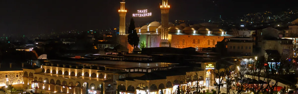 A stunning nighttime view of the Bursa Grand Mosque and surrounding area, beautifully illuminated.