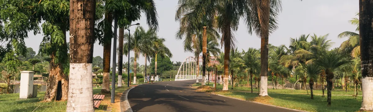 גינאה המשוונית: Peaceful road lined with palm trees in Malabo, Equatorial Guinea.