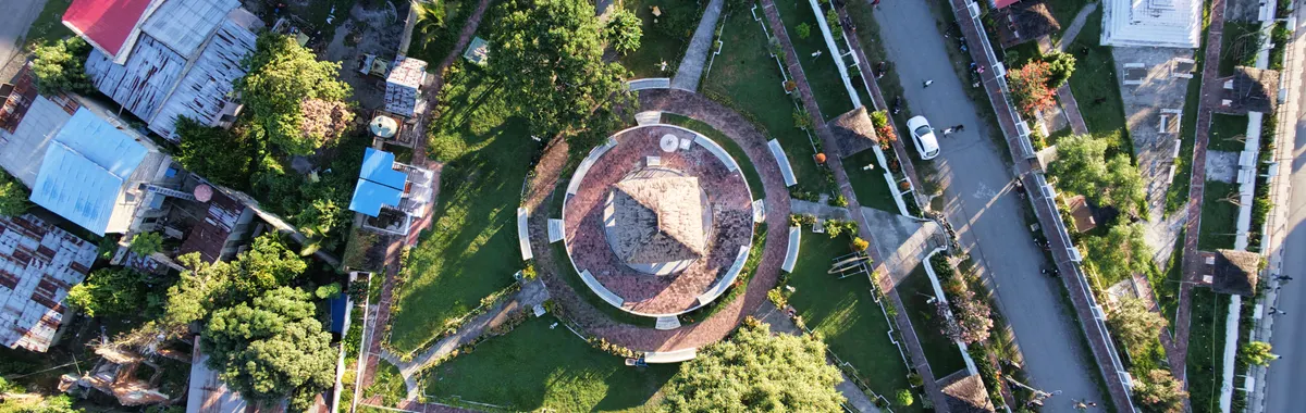 A stunning aerial shot capturing the geometric layout of the Governor's Palace in Dili, Timor-Leste.
