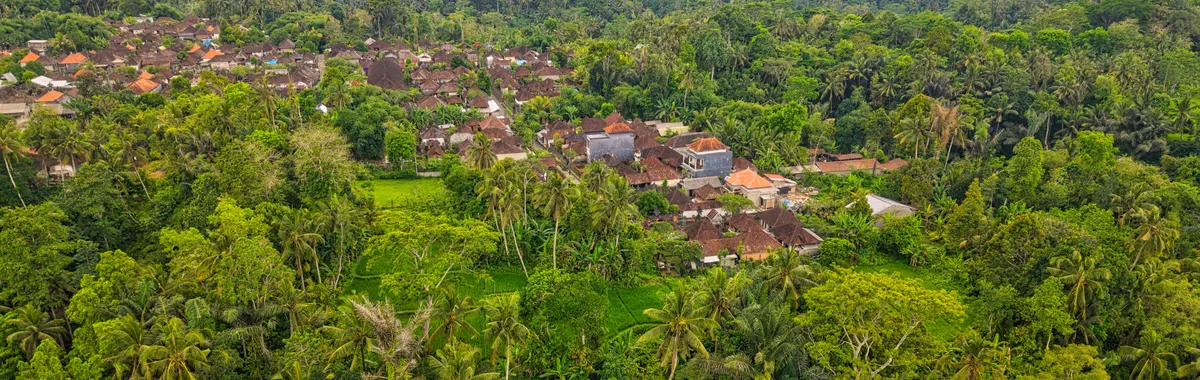 Stunning aerial shot of lush forest and a traditional village in Bali, Indonesia.