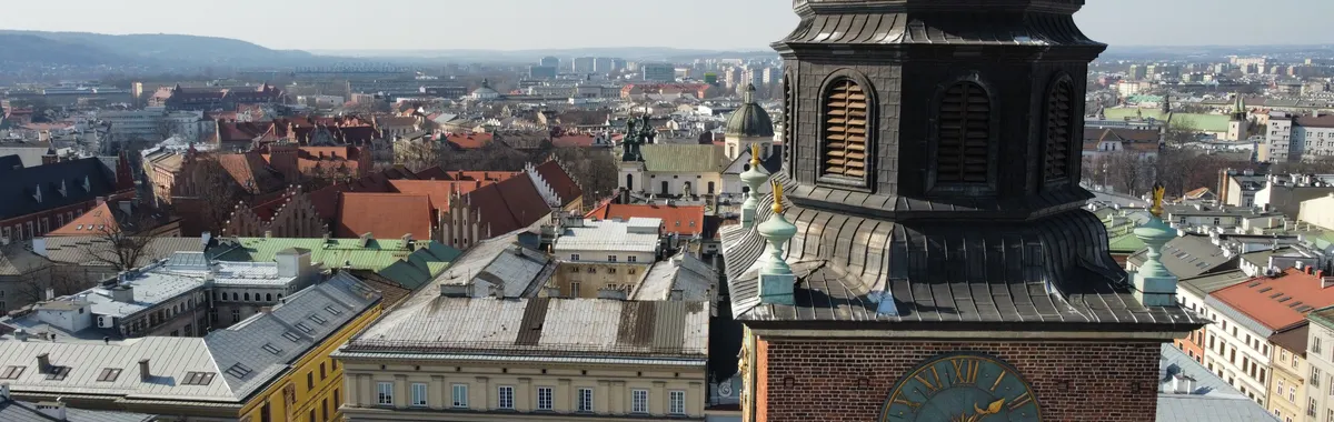 Stunning aerial capture of Krakow's historic architecture and landmarks from above.