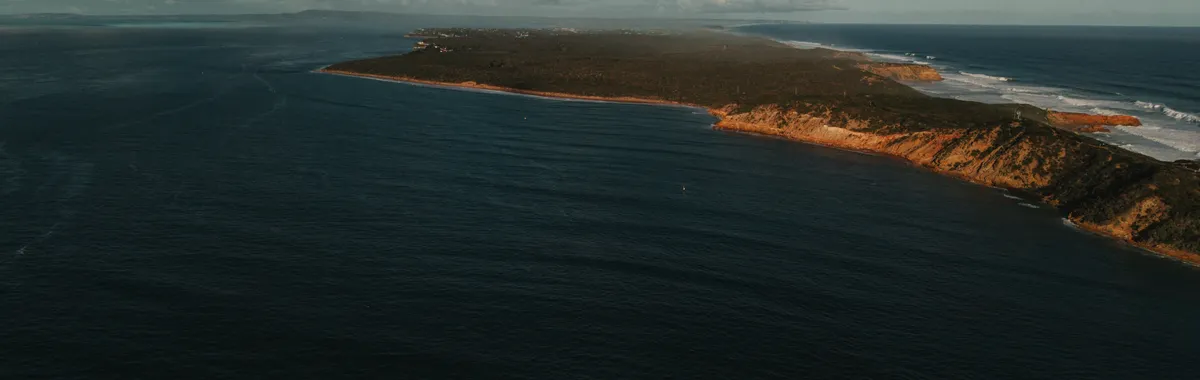 אוסטרליה: A breathtaking aerial view of the rugged coastline of Portsea, Victoria, Australia, bathed in sunlight.