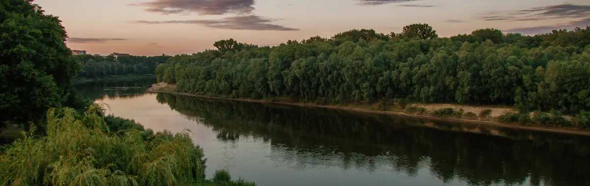 אוקראינה: Captivating summer sunset reflecting on the Desna River near Chernihiv, surrounded by lush greenery.