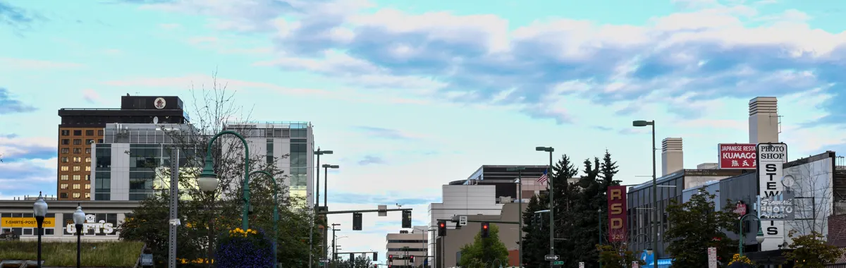 Street scene capturing the serene atmosphere of Anchorage, Alaska in the morning.