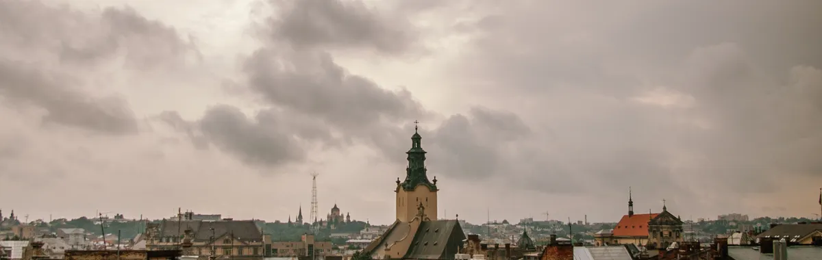 A captivating aerial view of the historic city of Lviv, Ukraine, showcasing its charming architecture and dramatic skies.