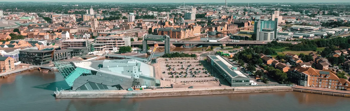 Aerial shot of Kingston upon Hull cityscape showcasing modern architecture and waterfront.