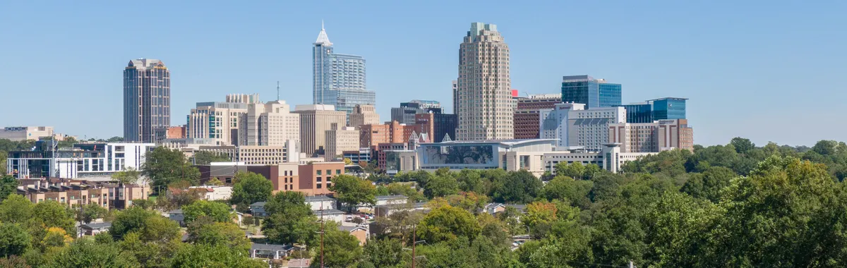 A clear view of Raleigh's skyline, showcasing modern skyscrapers and urban greenery.