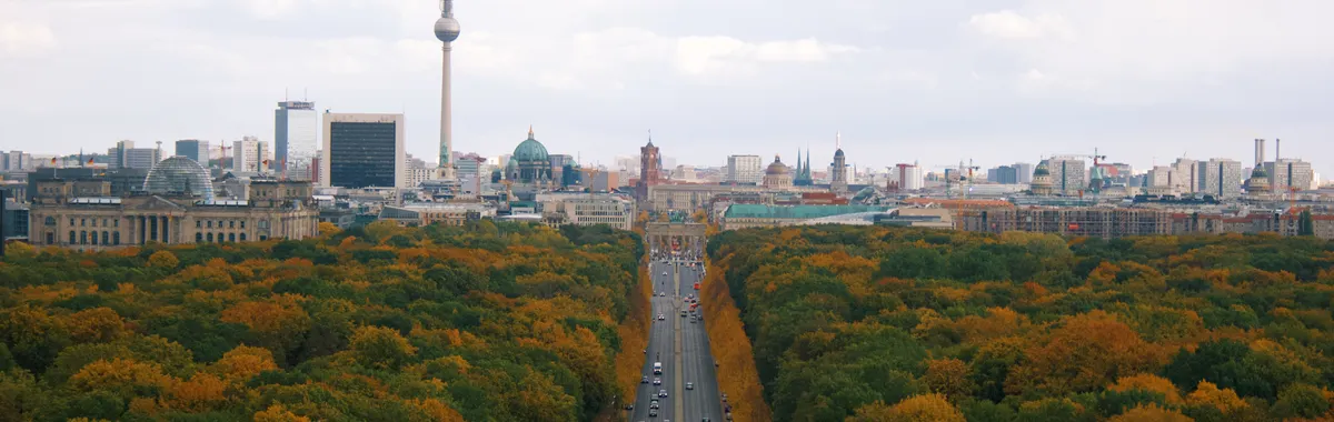 Stunning autumn cityscape of Berlin with the Tiergarten and TV Tower in the background.
