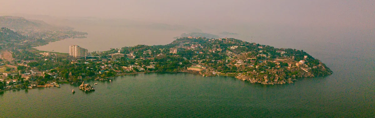 Stunning drone view of Mwanza Island surrounded by Lake Victoria, Tanzania.