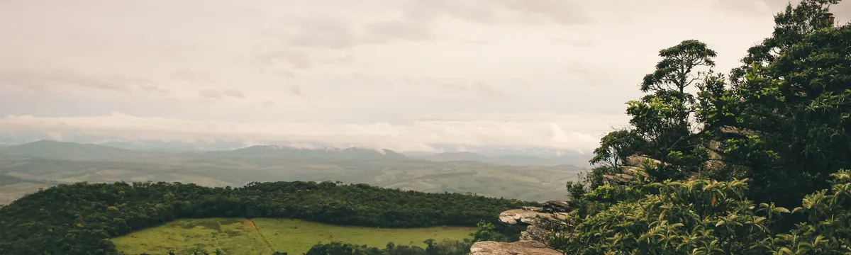 סאו טומה ופרינסיפה: Explore the lush greenery and rocky terrain of São Tomé das Letras, Brazil, under a muted sky.